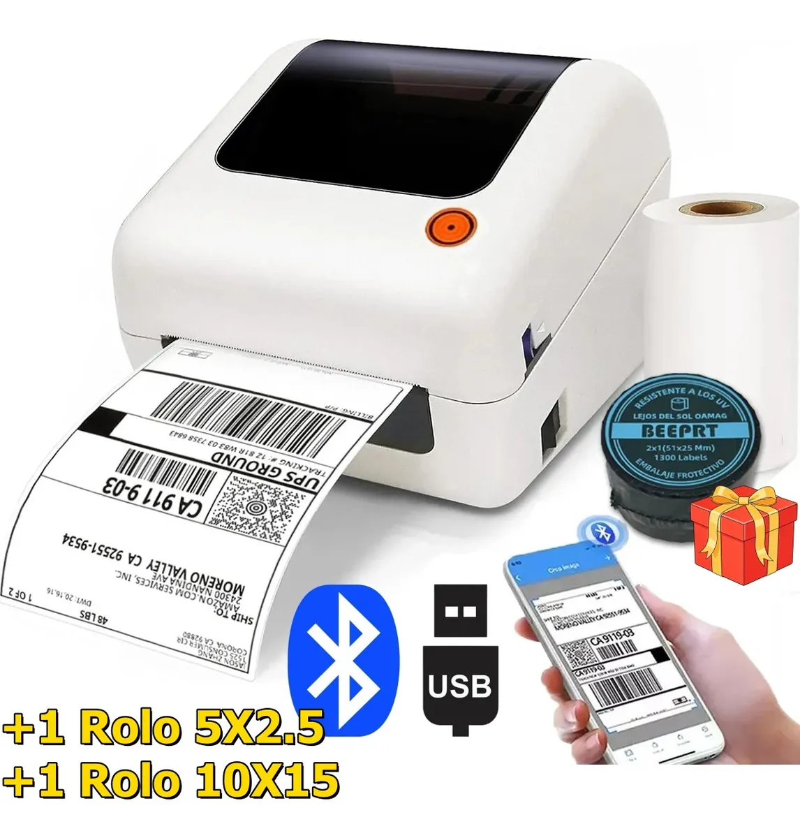 Impressora Térmica Bluetooth USB 110mm Código De Barras E Etiquetas + 2 Rolo De Etiqueta Adesivas Portátil Etiquetas De Envios Com 10 X 15 CM 127/220V Android iOS Windows MAC App Com ML Full SHOPE