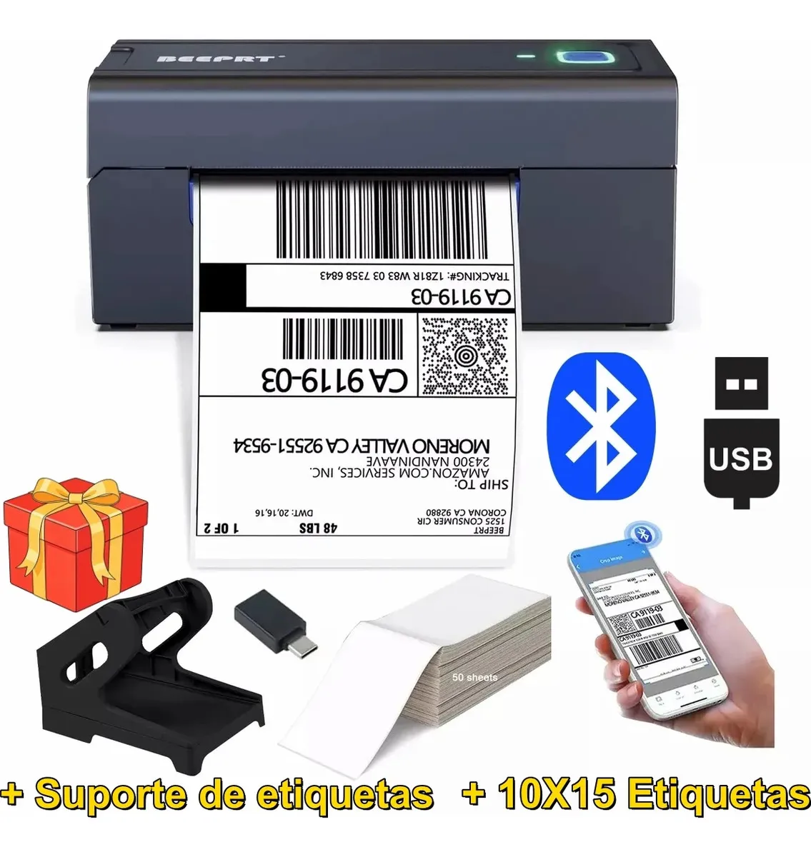 Impressora Térmica Bluetooth USB 110mm Código De Barras E Etiquetas + Suporte + Etiqueta Adesivas 10 X 15 CM Portátil Logística Impressora Etiquetas De Envios ML Full 127/220V Android iOS Windows MAC